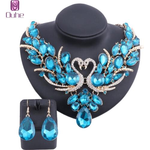 Fashion Blue Crystal Bridal Jewelry Set Double Swan Gold Color Pendant Women Party Wedding Prom Necklace Earring Accessories Set