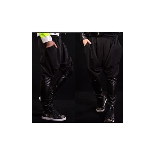 Stage personality men PU splice pants black harem pant men feet trousers rock fashion pantalon homme street star style novelty
