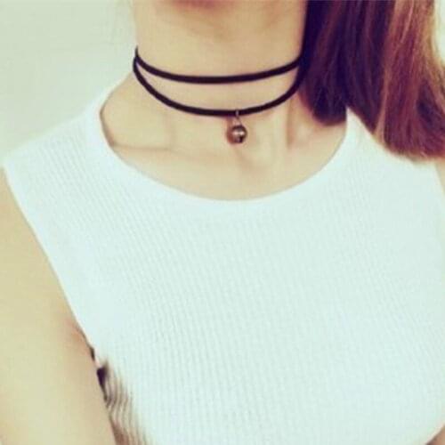 New Fashion Trendy Sexy Bead Pendant Chokers Necklace Collar Double Layer Black Leather Necklace