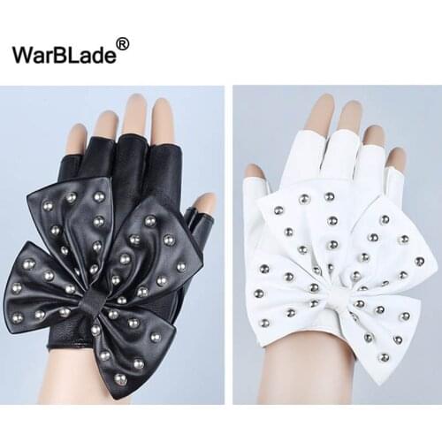 WarBLade 2018 New Womens PU Leather Gloves Black Fingerless Gloves Ladies Luvas Dancing Party Show Big Bow Half finger Mittens