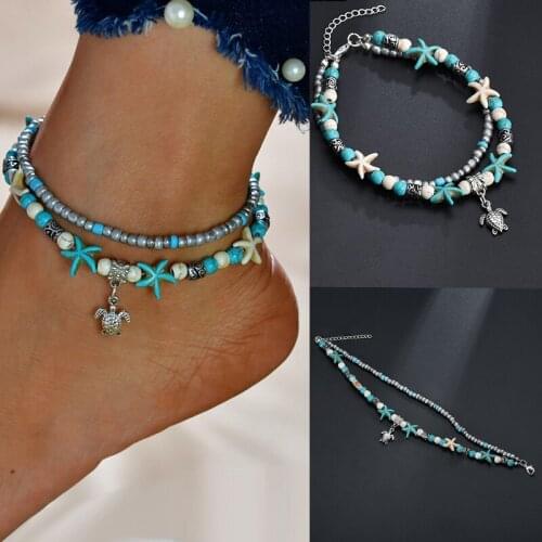 New Multi Layer Anklets Shell Beads Starfish Sea Turtle Anklets Handmade Bohemian Jewelry Gift Women Layer Anklet Leg Bracelet
