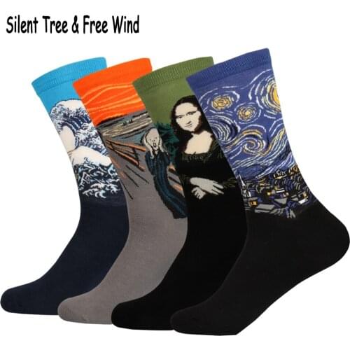 4 pairs/lot Novelty Famous Oil Painting Star Kiss Scream Art Crew Socks Women Men Graffiti Van Gogh Mona Lisa Cotton Sock
