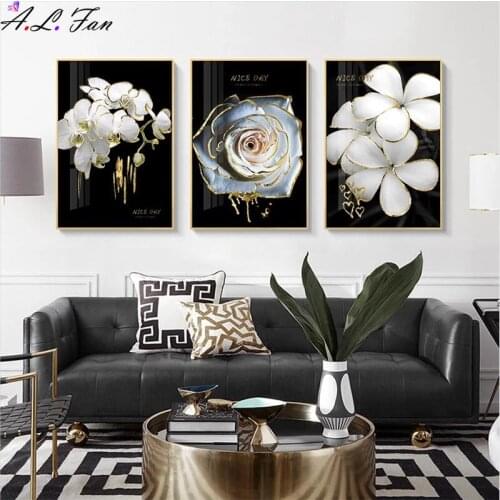Black white flowers gold poster luxury modern canvas print home decor painting wall art nordic decor picture living room