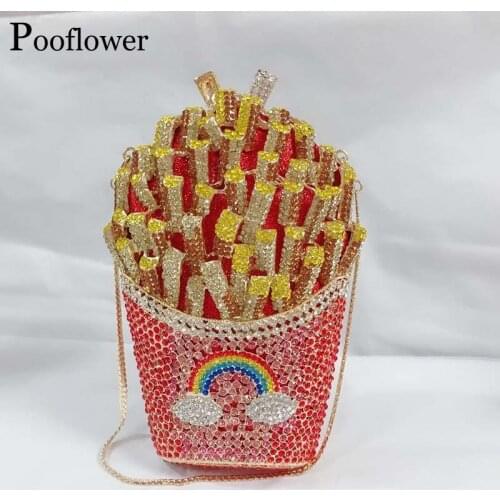 Pooflower Chips Rainbow Diamonds Clutch For Women Evening Bag Crystal Party Wedding Purse Bag Designer Chains Mini Handbag ZH244