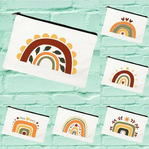 Rainbow Print Canvas Women Cosmetic Bags Travel Toiletries Organizer Wash Storage Pouch Portable MakeUp Case Students Pencil Bag