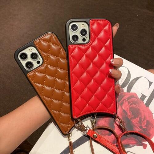 Luxury brand 3D diamond lattice leather phone Case for iphone 12 Pro 7 8 plus 11 X XS XR MAX Lanyard Neck strap Back Cover Coque