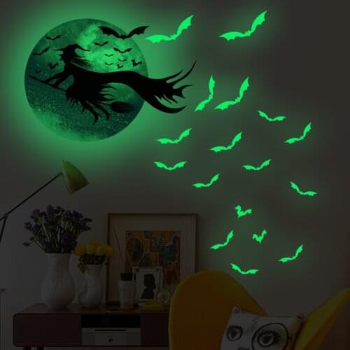 Self-adhesive Luminous Wall Sticker Halloween Decoration DIY Witch Bat Decals Living Room Bedroom Decor Glowing In The Dark