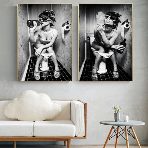 Sexy Girl Sits in a Toilet Nordic Canvas Art Posters Prints Black White Canvas Paintings Wall Art Picture Cuadro for Living Room