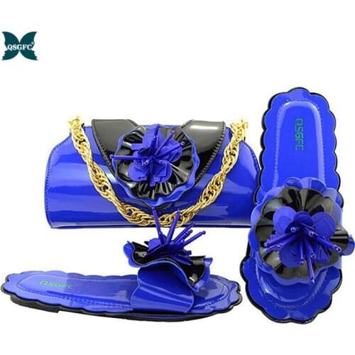 Blue Color 2020 African Women Matching Italian design Shoes and Bag Set for Wedding Shoes with Matching Bag for Flower Shape
