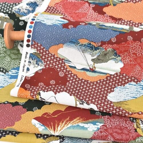 Japan Retro vintage blue/red/ Mount Fuji scenery 100% cotton bronzed fabric for DIY Bag kimono/Girdle/Headband1 order=0.5meter