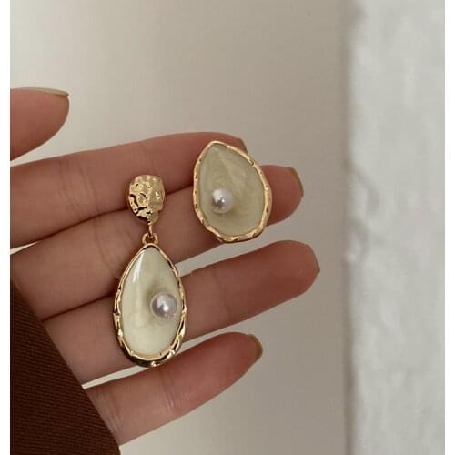LOVOACC White Enamel Waterdrop Earrings for Women 2021 Gold Color Metal Asymmetry Simulated Pearl Dangle Earrings Bijoux Femme