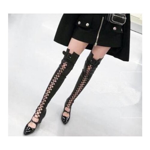 New Over the Knee Women Sandals Boots Fashion Lace-up Pointed Toe Lady Long Boots Patchwork Buckle Boots