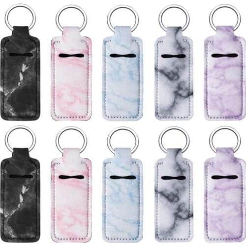 100pcs Marble Design Neoprene Keychain Colorful Print Empty Lipstick Holders Lip Balm Holder Key Ring W0015