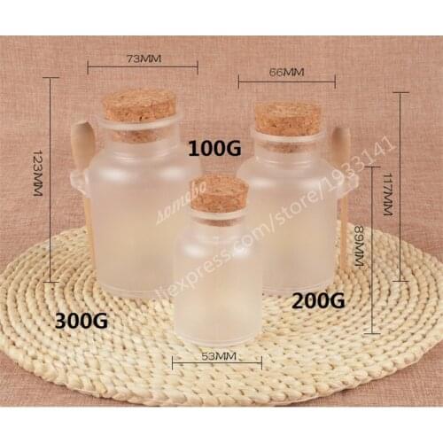 1000PCS 100G,200G,300G ABS Bath Salt Bottle, Powder Plastic Bottle with Cork Jar with Wood Spoon, Bath Salt Packaging Bottle