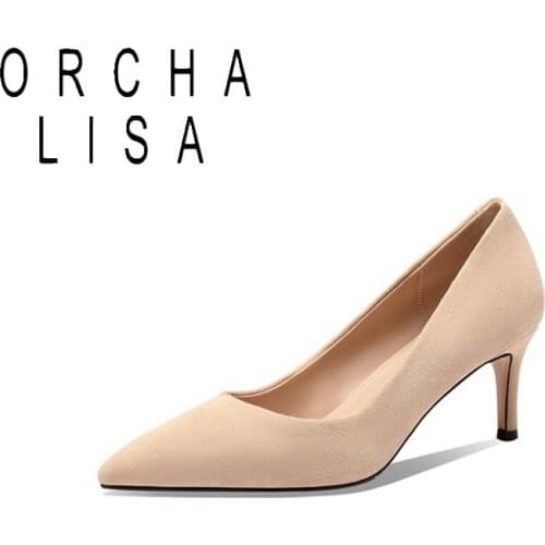 2021 Kid suede Pumps Pointed Toe Women Shoes Apricot Sexy real Leather High Heels Party Wedding Lady footwear 6.5cm