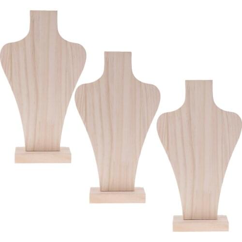 3 Pieces Unpinted Natural Wooden Mannequin Bust for Necklace Chain Display 3 Size S/M/L Assorted