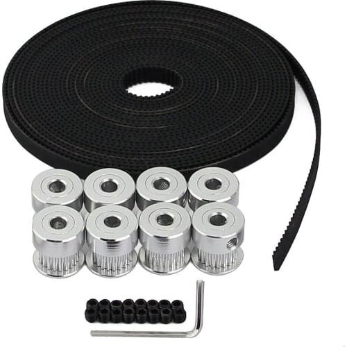 8Pcs 5mm 20 Teeth Aluminum Timing Pulley Wheel+5 Meters Rubber GT2 2mm Pitch 6mm Wide Timing Belt for 3D printer CNC
