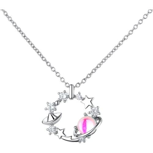925 Sterling Silver Link Chain Opal Star Planet Charm Necklace Pendant Korean Jewelry For Women Wedding Choker dz182