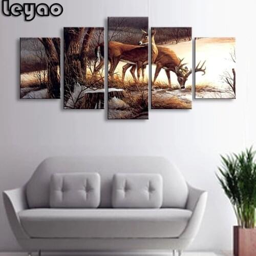 Deers,forest,lake,5 Piece animal, Multi Panel Diamond painting,diamond embroidery,square,round,crafts,diy,5d,diamond mosaic
