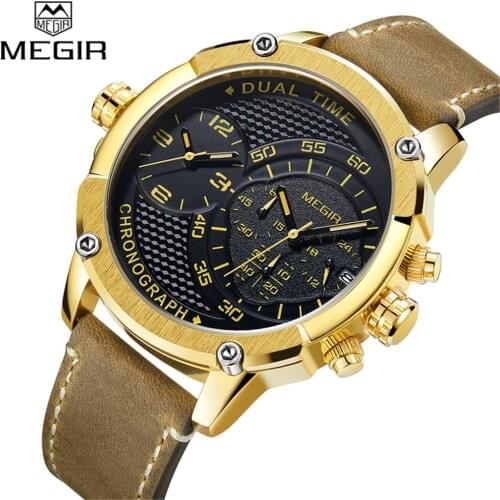 Men Watch MEGIR Top Brand Luxury Chronograph Calendar Wristwatch Military Sport Dual Dials Male Clock Relogio Masculino 2093