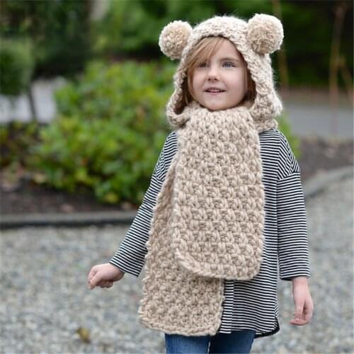 Children 's Knitting Hat Pure Color Soft Handmade Wool Caps Neck Integrated Hat Winter Thickened Cute Cartoon Girl 's Ear Cap