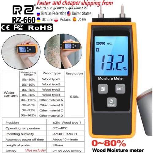 RZ660 0-80% Two Pins Digital Wood Moisture Meter Wood Humidity Tester Hygrometer Timber Damp Detector LCD Display Wood Working
