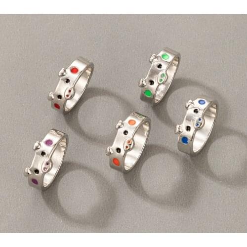 Docona 5pcs/set Colorful Dropping Oil Small Pig Cute Rings for Women Men Geometry Alloy Metal Couples Ring Set Jewelry кольц
