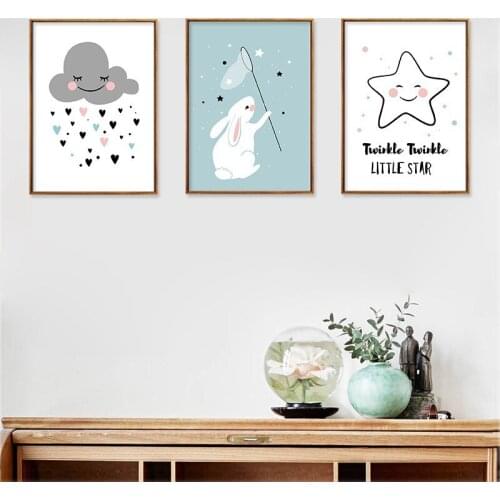 Rabbit Star Raindrops Cloud Wall Art Posters And Prints Canvas Painting Nordic Poster cartoon Wall Pictures Kids Room Home Decor