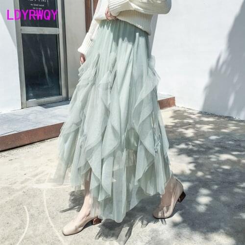 [LDYRWQY] Mesh Skirt Women Fall Winter Korean Solid Color Puff Long Ankle-Length Ball Gown Solid Casual