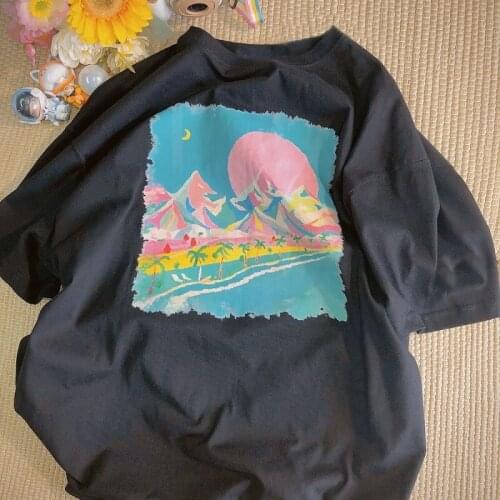 Summer short-sleeved t-shirt t shirt women cute Top Retro clothes Harajuku Kawaii y2k Korean loose t-shirt sunset color printing