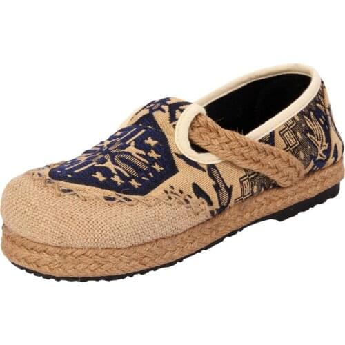 Retro Spring Summer Loafers Women Shoes Handmade Embroidered Cloth Flats Platform Cotton Linen Ladies Shoes XKD8066