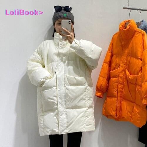 Lolibook 2021 Winter Women Solid 90% White Duck Down Coats Female Casual Pocket Warm Outerwears Stand Collar Solid Down Jacket