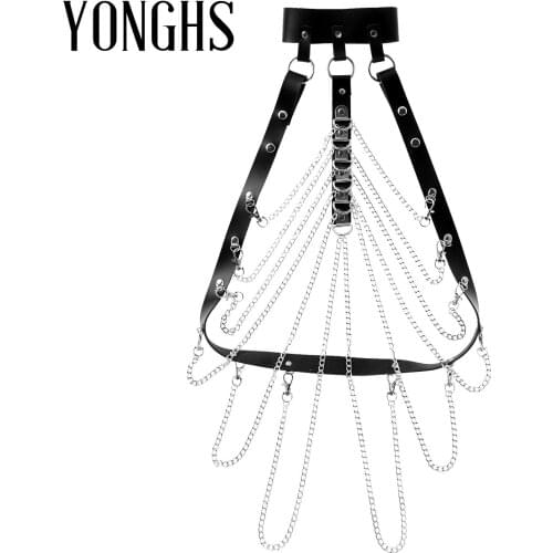 Mens Lingerie Night Parties Clubwear Adjustable Buckle PU Leather Harness Punk Gothic Metal Chain Haler Body Shoulder Chest Belt
