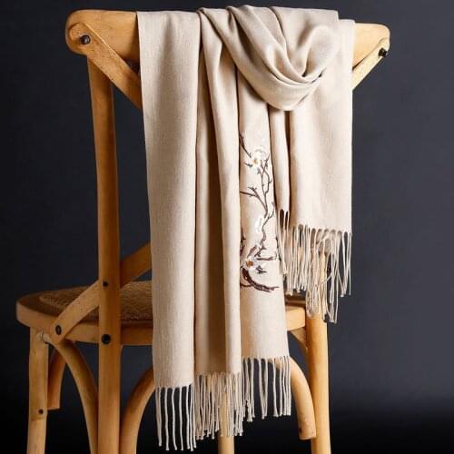 2021 New Winter Warm Solid Scarf For Women/Lady Soft Wool Pashmina Shawls Flower Embroidery Cashmere Female Wraps Capes foulard