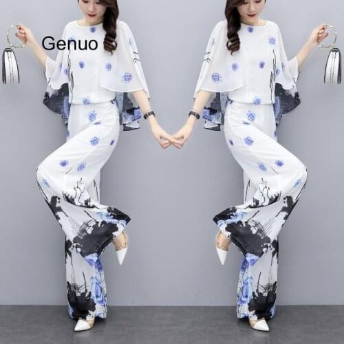 2020 Summer New Large Size Chiffon Top Women Two-piece Trousers High Waist Wide-leg Pants Suit Elegant Lady Floral Casual Sets