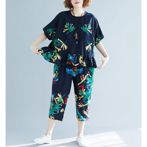New Summer Plus Size Two Pieces Women Fashion Ruffles Floral Printed Blouse + Wide Leg Pants Suits Female Leisure 2 Piece Set