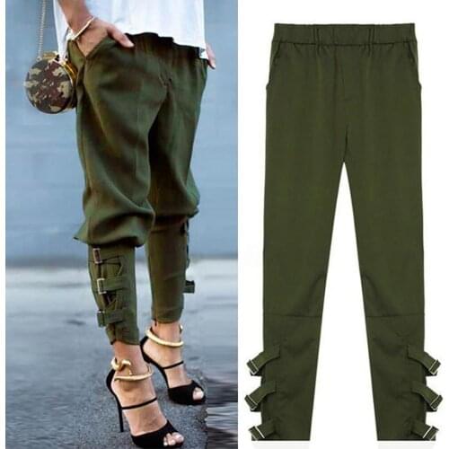 Solid Color Buckle Straps Long Harem Pants Casual Women Loose Pocket Trousers Harem Pants Trousers Long Women Pants Hot Sales