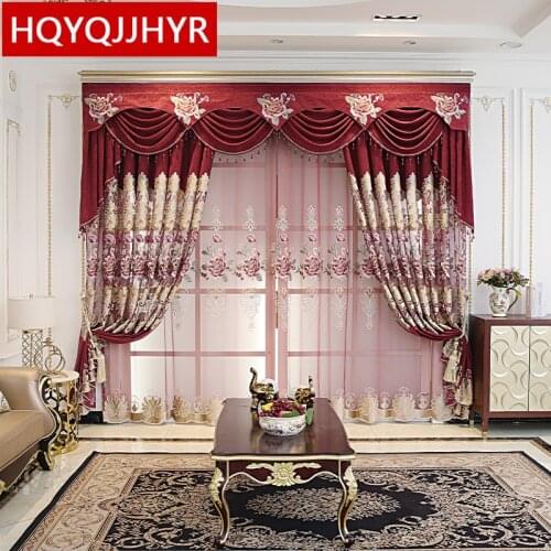 European Style Luxury Wine Red Blue Elegant Embroidered Curtains For Living Room Windows Bedroom Hotel Apartment Custom Curtains