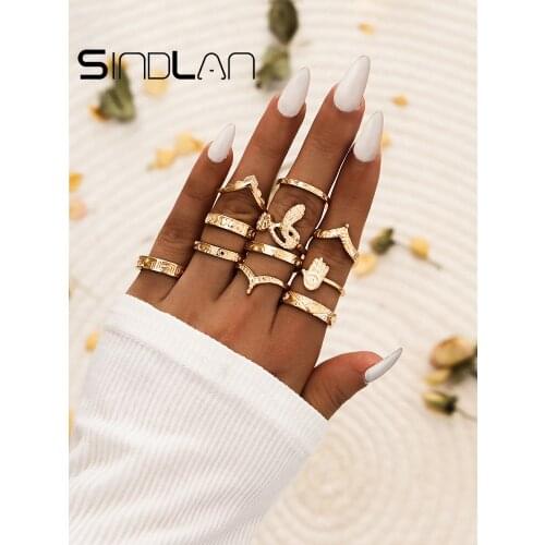 Sindlan 11PCs Classic Snake Rings Set for Women Charm Vintage Pattern Geometric Gold Hamsa Hand Fashion Girls Finger Jewelry