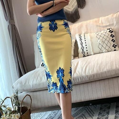 Summer New High Waist Skirt Yellow Printings Stretch Woman Skirts Mujer Faldas Saias Mulher Woman Skirts Faldas Jupe