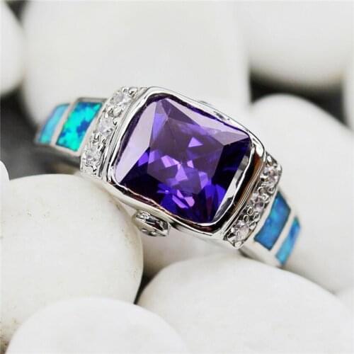 Fleure Esme vintage Engagement Wedding rings Jewelry for women Purple Cubic Zirconia and Blue opal Rhodium Plated R347 size 6 7