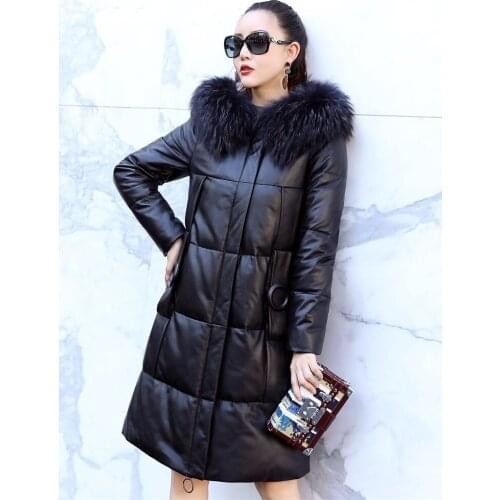 Leather Real Jacket Winter Coat Women Raccoon Fur Collar Long Down Jacket Women Sheepskin Coat Chaqueta Mujer AM18017