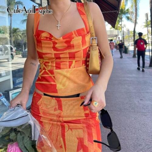 Harajuku Print Y2K Crop Cami and Straight Skirts Suits Women Summer Sexy Aesthetic Two Pieces of Sets Cute Clothes Cuteandpsycho