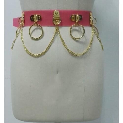 100% Handmade Unisex Men Women Waist Belt Blood Pink Jelly Vinyl Harness PVC Gold Silver Circle with Chain Link Waist Straps