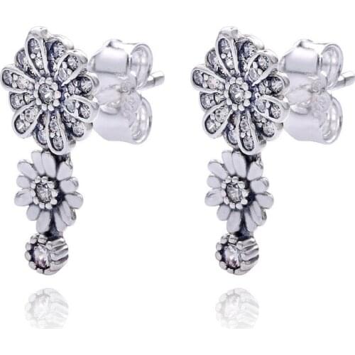 2021 New Free Shipping Authentic 925 Sterling Silver Sparkling Daisy Flower Trio Stud Earrings For Original Women DIY Jewelry