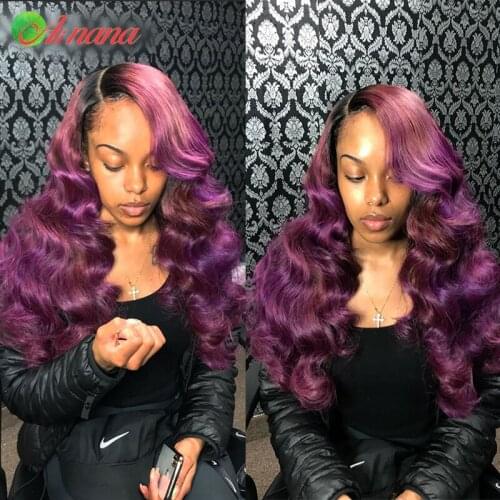 Brazilian 13x4 Lace Frontal Wig Body Wave Ombre Purple Color Transparent Lace Front Human Hair Wigs Pre-Plucked Straight Hair
