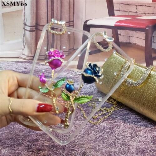 For Samsung S6 S7 S8 S9 S10 PLUS S10 Lite Note5 8 9 Rose flower Case Luxury Bling Rhinestone Diamond Soft Transparent Cover Case