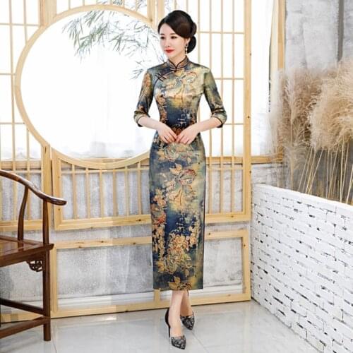 Elegant cheongsam women XL Chinese cheongsam Dress retro middle-sleeved improved cheongsam dress long daily Mother cheongsam