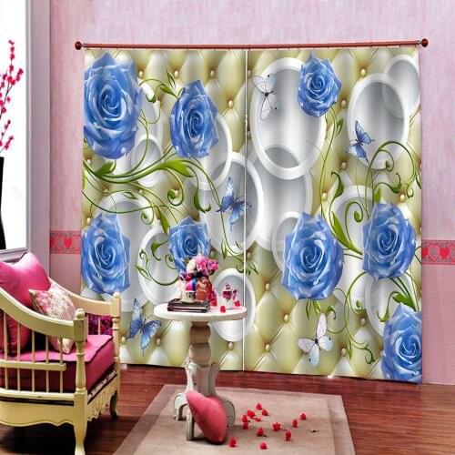 Photo Customize Size 3D Curtain Living Room Circle Blue Rose 3D Window Decorative Curtains Blackout Curtain Fabric
