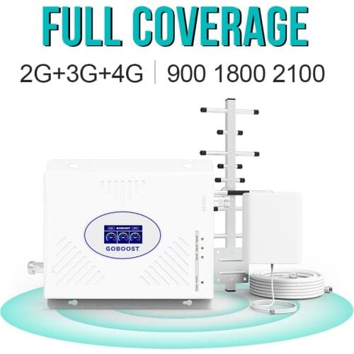 GOBOOST Tri Band 4g Signal Booster 900 1800 2100 Mhz GSM DCS WCDMA Celluar Ampilifer Yagi Antenna Wall Antenna Full Coverage